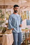 The Courtyard Men 3/4 Sleeve Kurta - Bluemont Grid