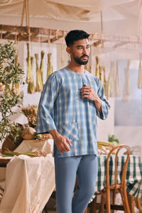 The Courtyard Men 3/4 Sleeve Kurta - Bluemont Grid