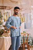 The Courtyard Men 3/4 Sleeve Kurta - Bluemont Grid