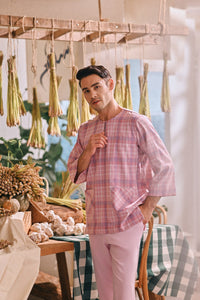 The Courtyard Men 3/4 Sleeve Kurta - Petal Grid