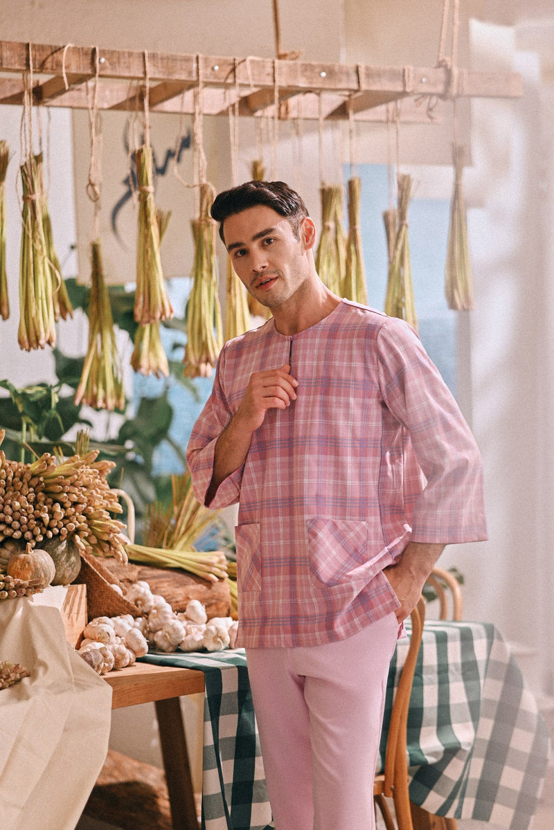 The Courtyard Men 3/4 Sleeve Kurta - Petal Grid