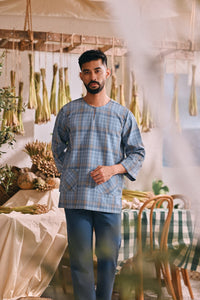 The Courtyard Men 3/4 Sleeve Kurta - Deepsea Grid