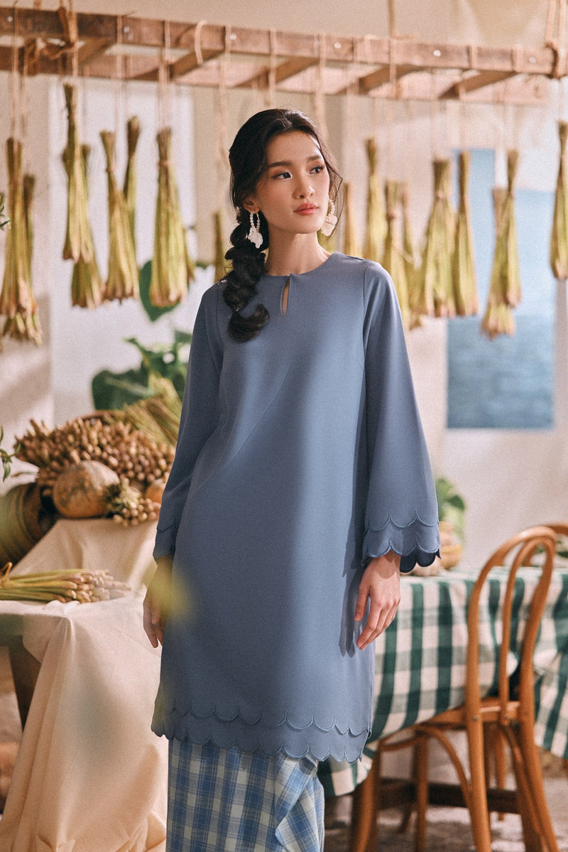 The Courtyard Women Layered Broderie Kurung Top - Coronet Blue