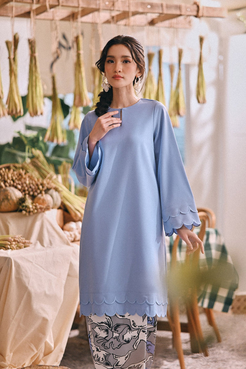 The Courtyard Women Layered Broderie Kurung Top - Ice Blue