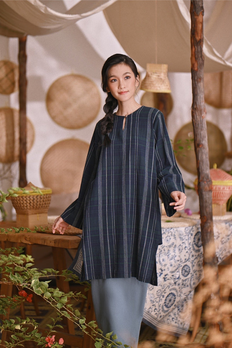 The Hening Women Kurung Riau Top - Navy Tartan