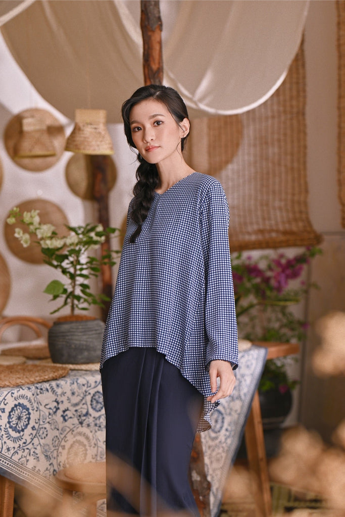 The Hening Women Flare Blouse - Blue Checked
