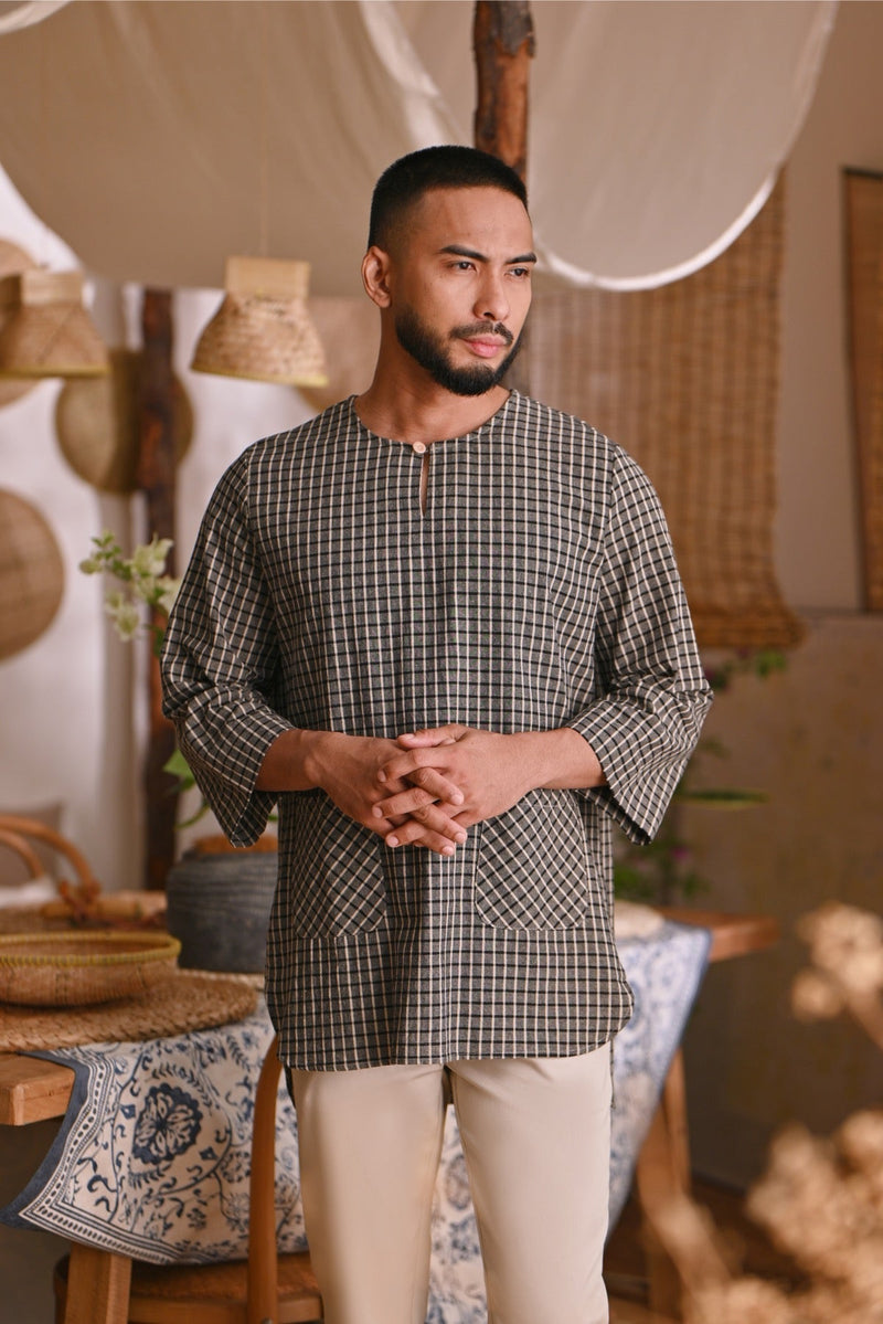 The Hening Men 3/4 Sleeve Kurta - Champagne Gingham