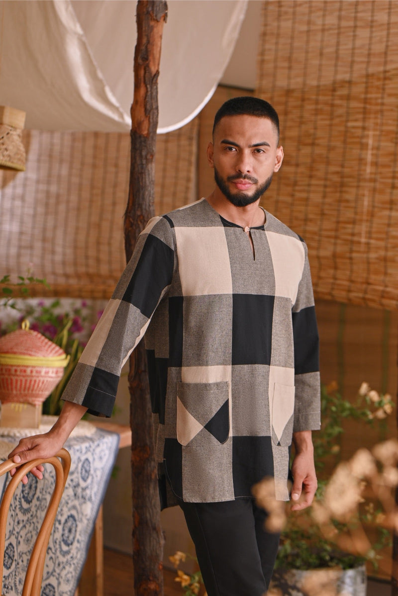 The Hening Men 3/4 Sleeve Kurta - Black Square