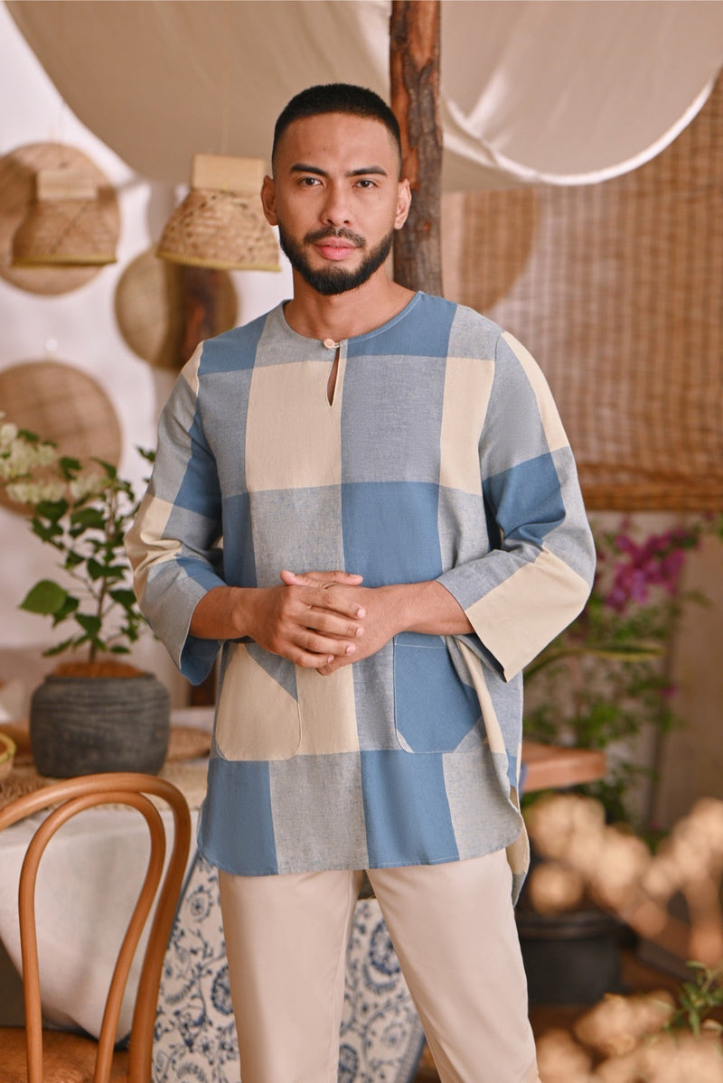 The Hening Men 3/4 Sleeve Kurta - Blue Square