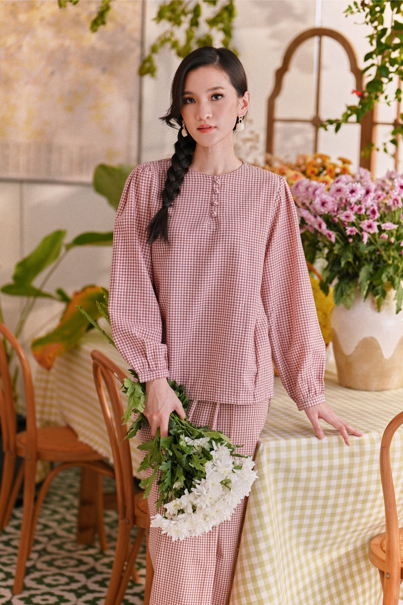 The Sarang Women Princess Blouse - Burgundy Checked