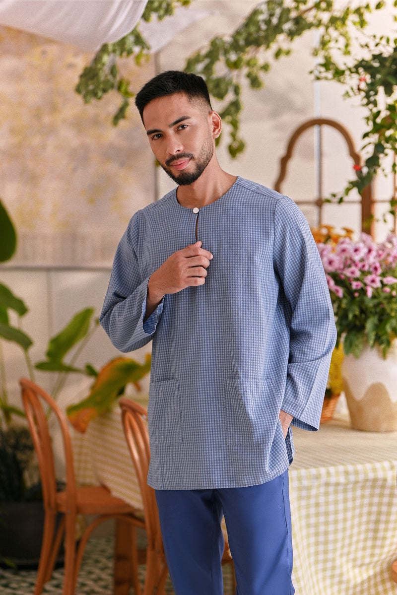 The Sarang Men Kurta - Yale Blue Checked