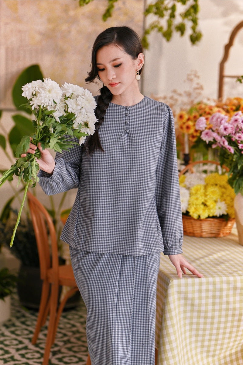 The Sarang Women Princess Blouse - Light Navy Checked