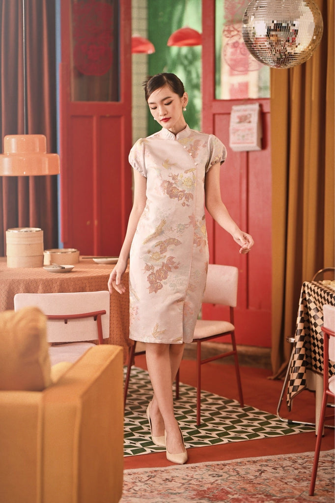 The Spring Dawn Women Puff Sleeve Cheongsam Dress - Soft Lilac Poem