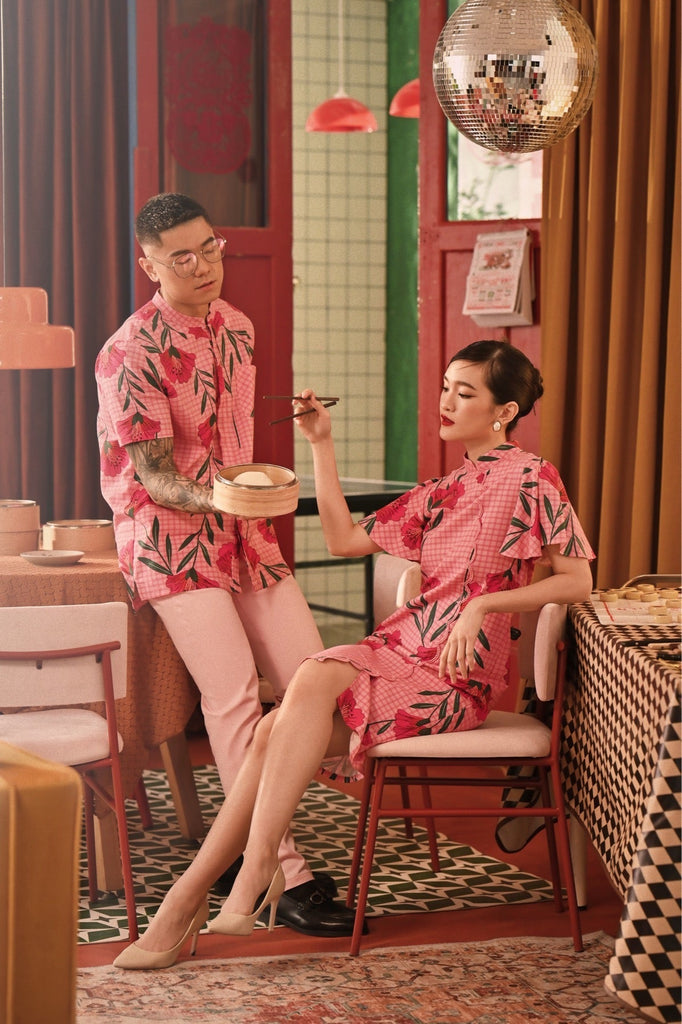 The Spring Dawn Men Mandarin Shirt - Poppy Pink