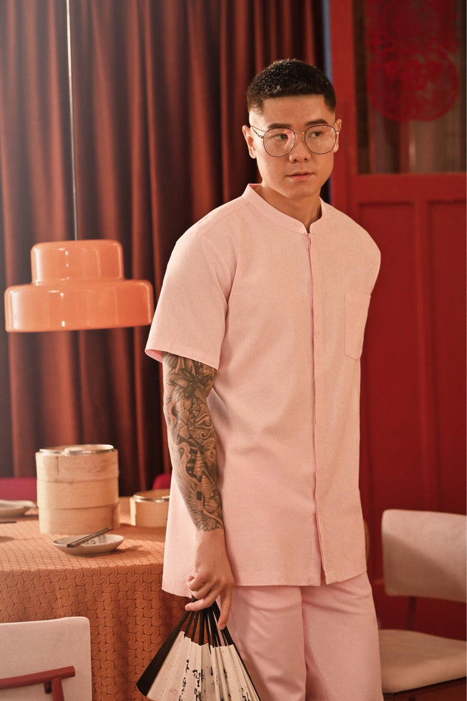 The Spring Dawn Men Mandarin Shirt Baby Pink –