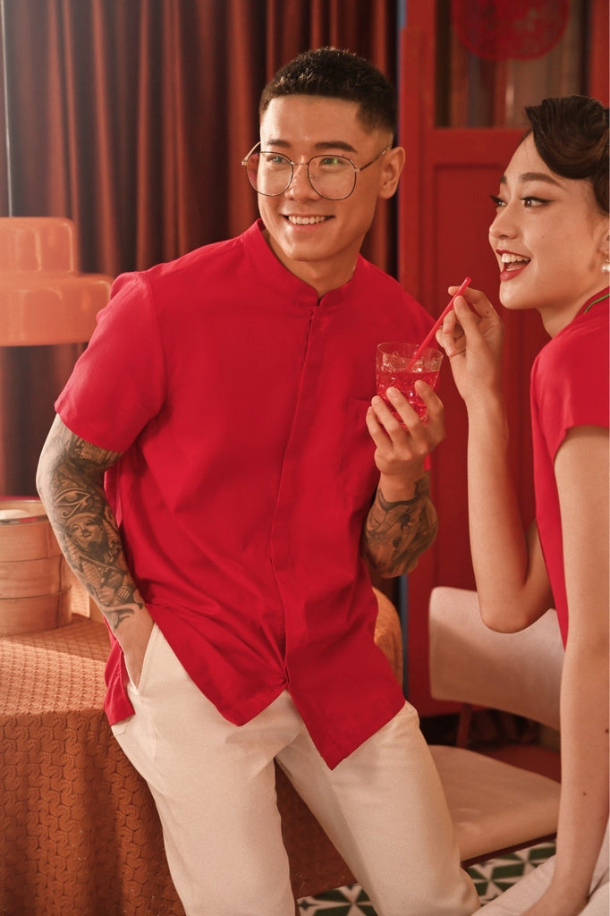 The Spring Dawn Men Mandarin Shirt - Red