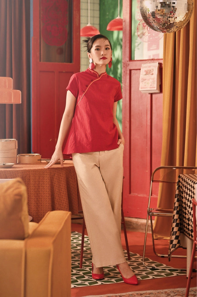 The Spring Dawn Women Classic Cheongsam Top - Red Checked
