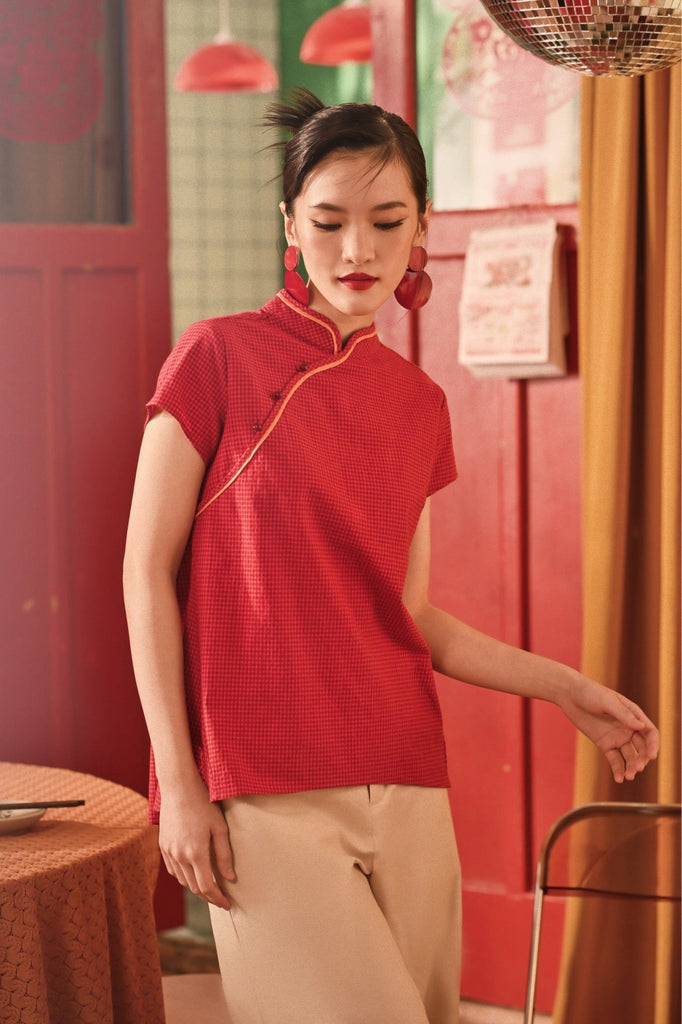 The Spring Dawn Women Classic Cheongsam Top - Red Checked