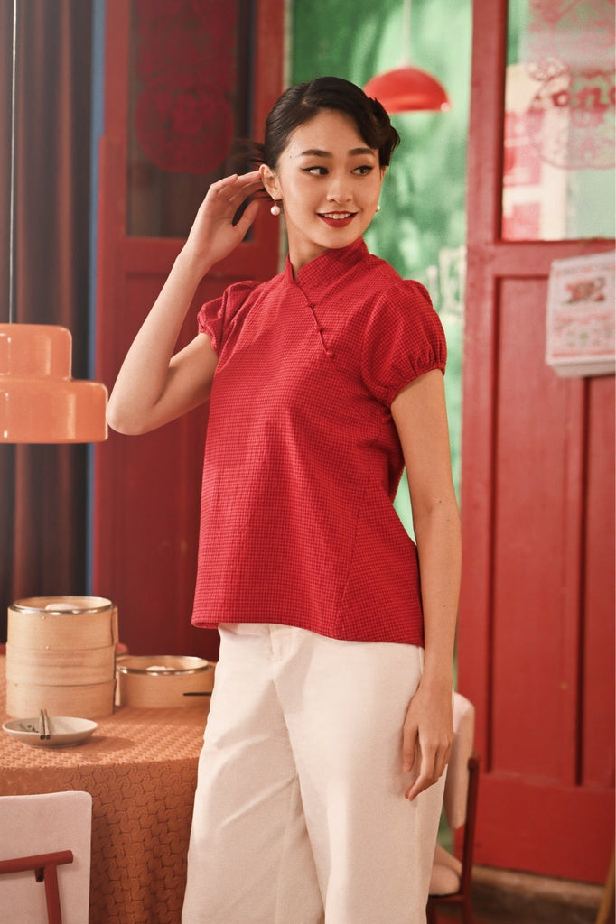 The Spring Dawn Women Puff Sleeve Cheongsam Top - Red Checked