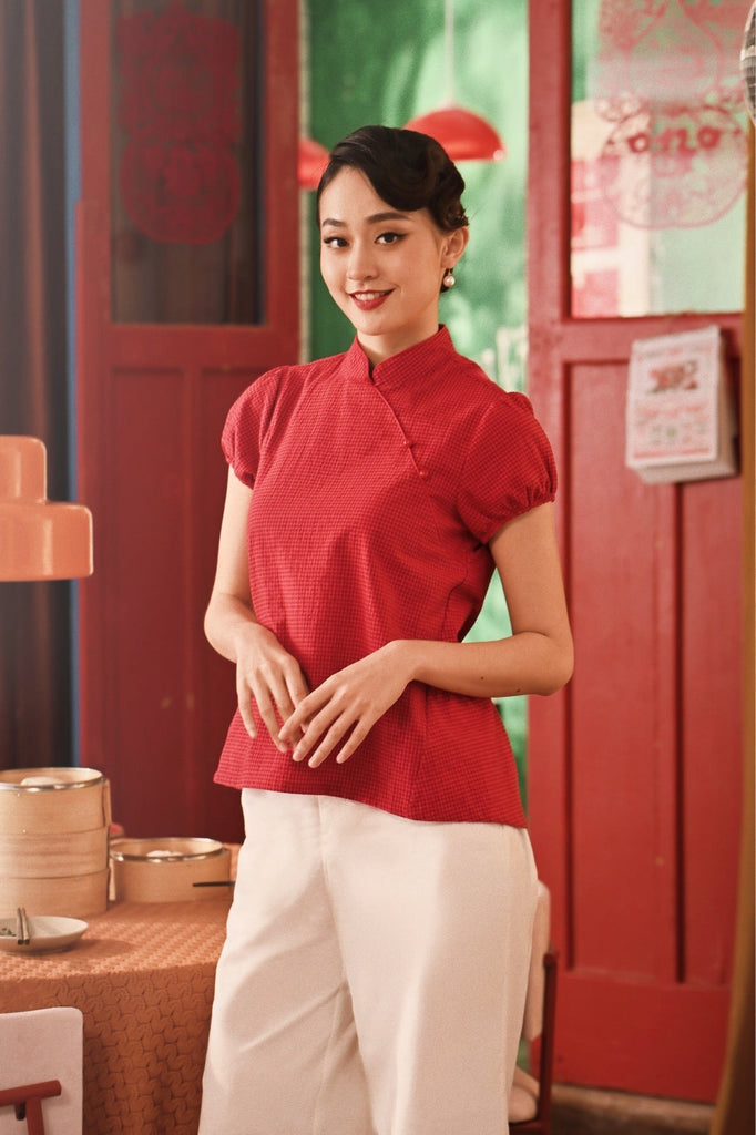 The Spring Dawn Women Puff Sleeve Cheongsam Top - Red Checked