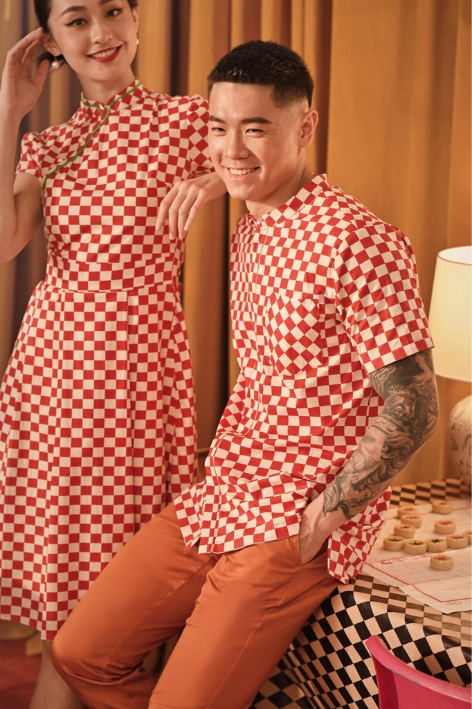 The Spring Dawn Men Mandarin Shirt - Checkerboard