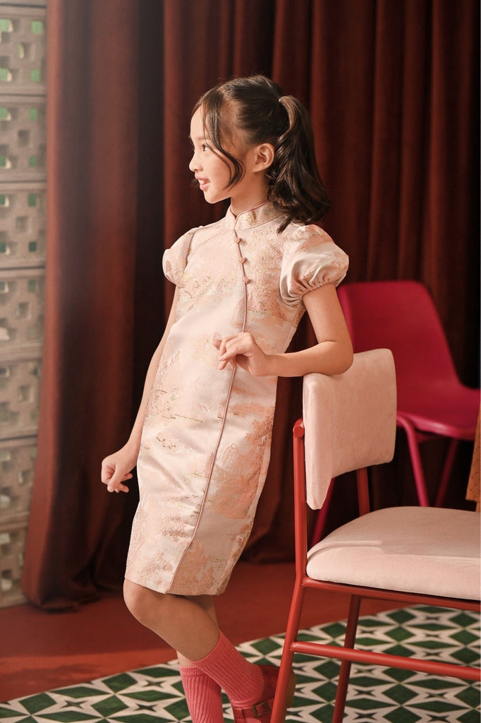 The Spring Dawn Puff Sleeve Cheongsam Dress - Soft Pink Poem