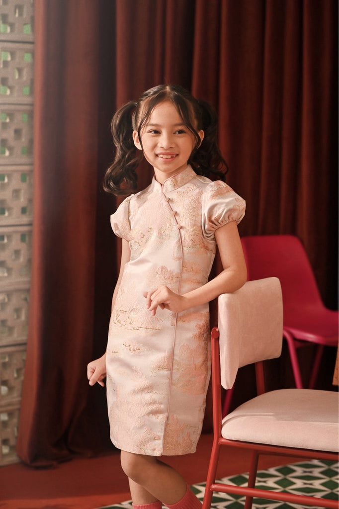 The Spring Dawn Puff Sleeve Cheongsam Dress - Soft Pink Poem