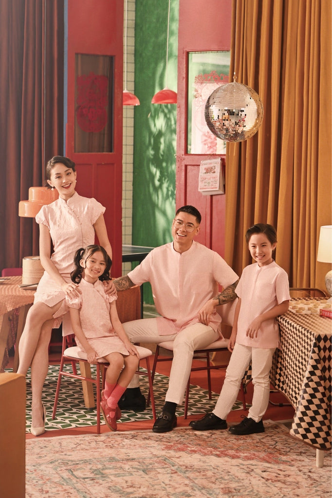 The Spring Dawn Women Puff Sleeve Cheongsam Dress - Pink Floral Jacquard