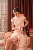 The Spring Dawn Women Puff Sleeve Cheongsam Dress - Pink Floral Jacquard