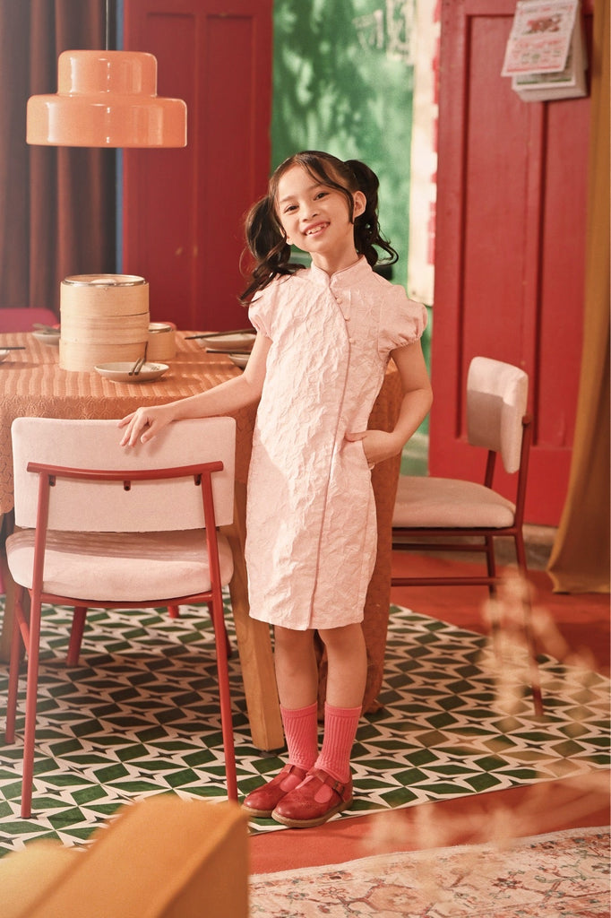 The Spring Dawn Puff Sleeve Cheongsam Dress - Pink Floral Jacquard POKOKS.COM The Spring Dawn Puff Sleeve Cheongsam Dress - Pink Floral Jacquard POKOKS.COM