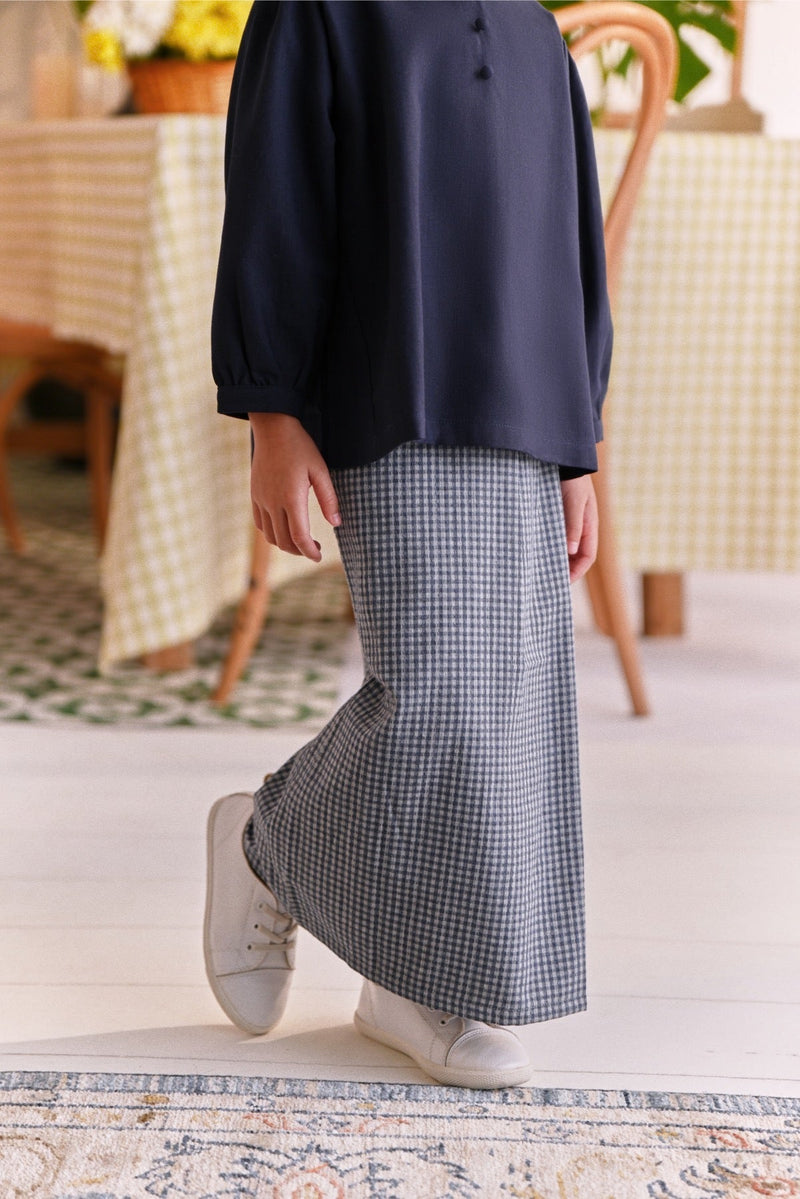 The Sarang Pleats Folded Skirt - Light Navy Checked