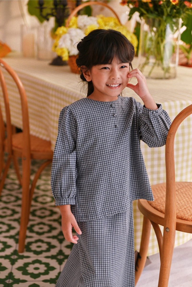 The Sarang Princess Blouse - Light Navy Checked