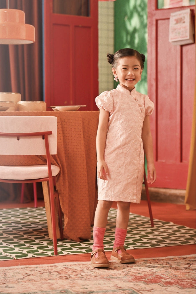 The Spring Dawn Puff Sleeve Cheongsam Dress - Pink Floral Jacquard