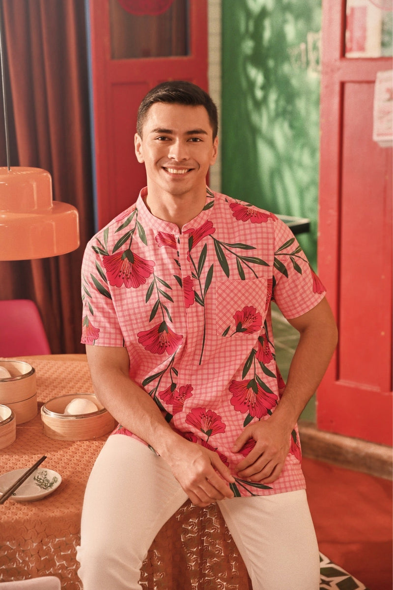 The Spring Dawn Men Mandarin Shirt - Poppy Pink