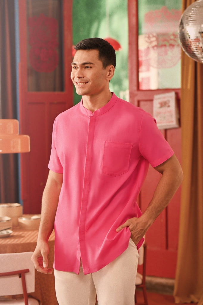 The Spring Dawn Men Mandarin Shirt - Fuchsia Pink