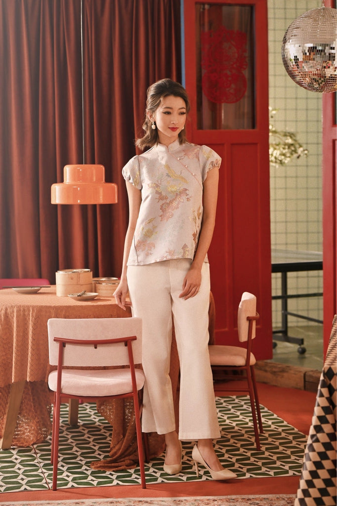 The Spring Dawn Women Puff Sleeve Cheongsam Top - Soft Lilac Poem