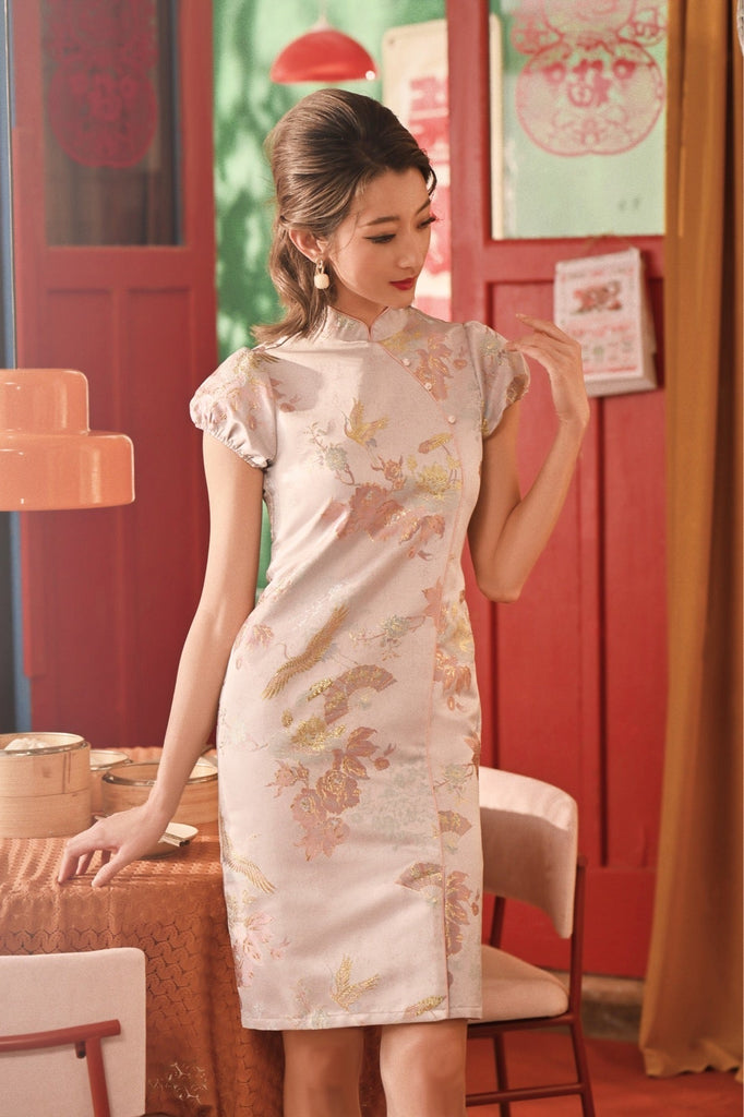 The Spring Dawn Women Puff Sleeve Cheongsam Dress - Soft Lilac Poem