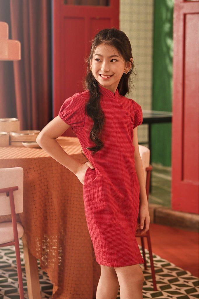 The Spring Dawn Puff Sleeve Cheongsam Dress - Red Checked