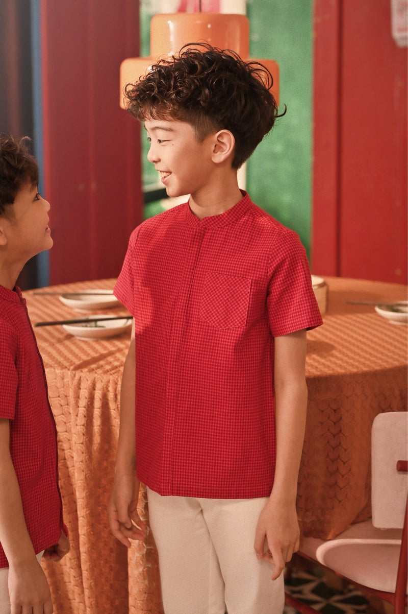 The Spring Dawn Mandarin Shirt - Red Checked