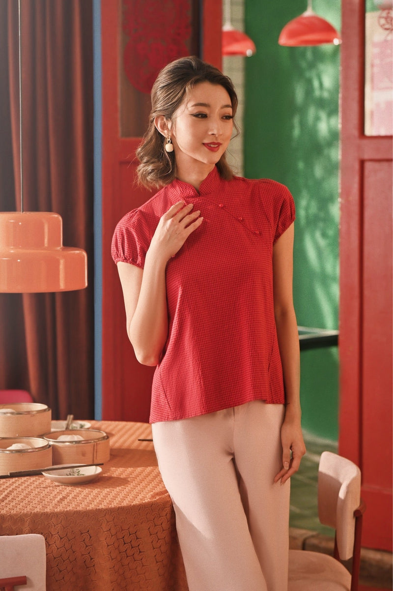 The Spring Dawn Women Puff Sleeve Cheongsam Top - Red Checked