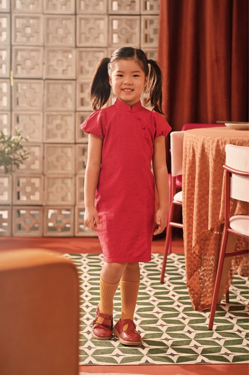 The Spring Dawn Puff Sleeve Cheongsam Dress - Red Checked