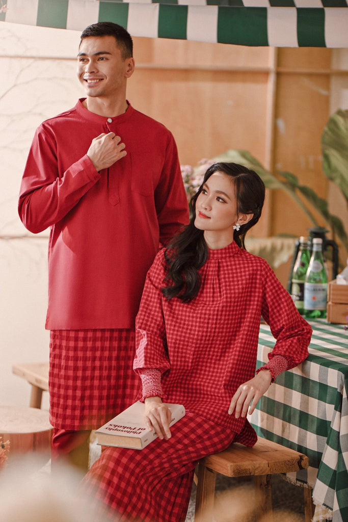 The Embun Men Baju Melayu Top - Crimson Red