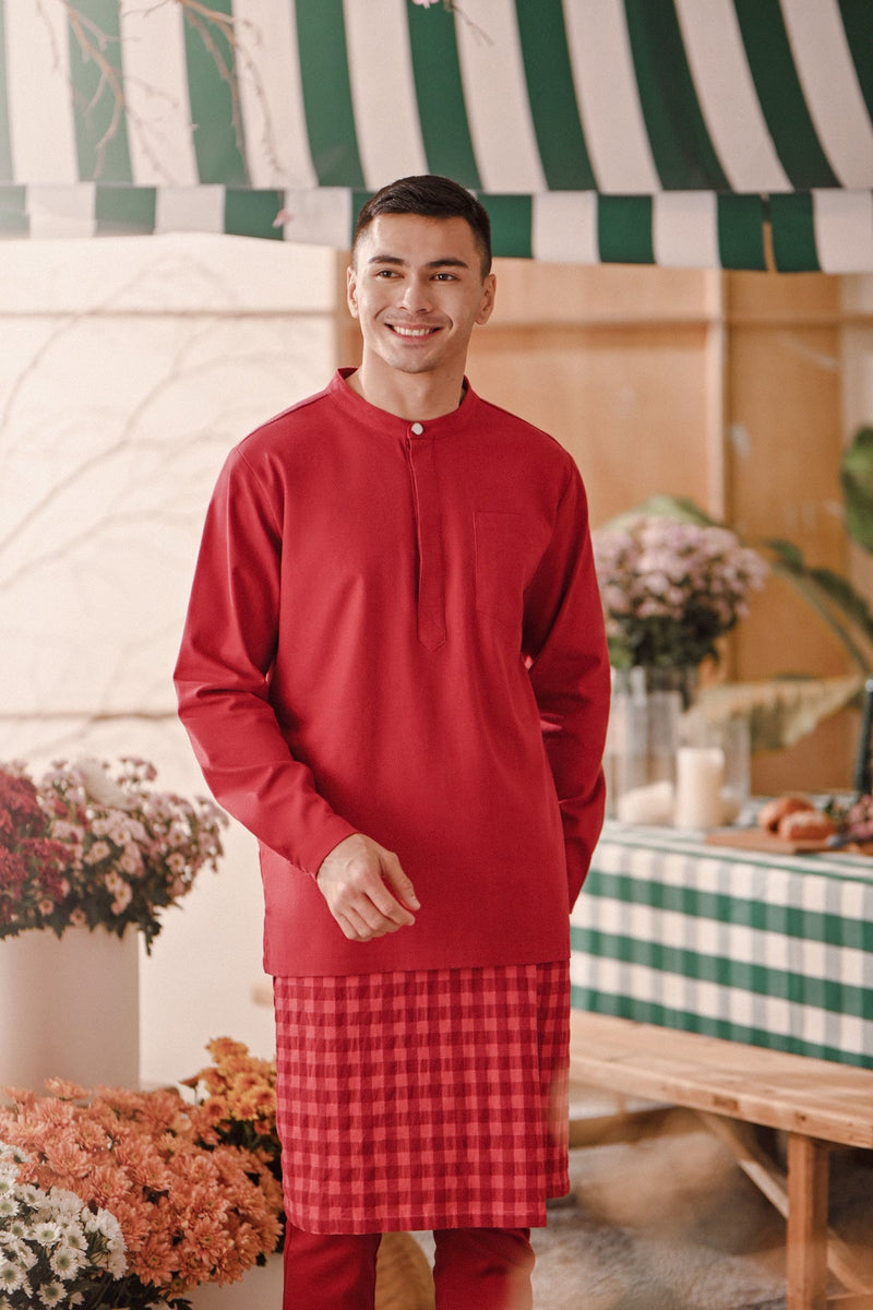 The Embun Men Baju Melayu Top - Crimson Red
