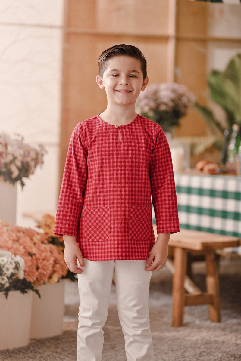 The Embun Pesak Kurta - Red Mini Checked