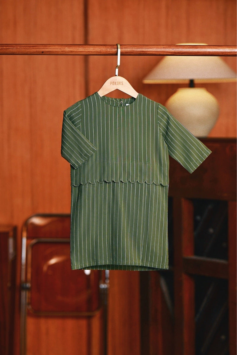 The Congkak Babies Scallop Kurung - Olive Stripe