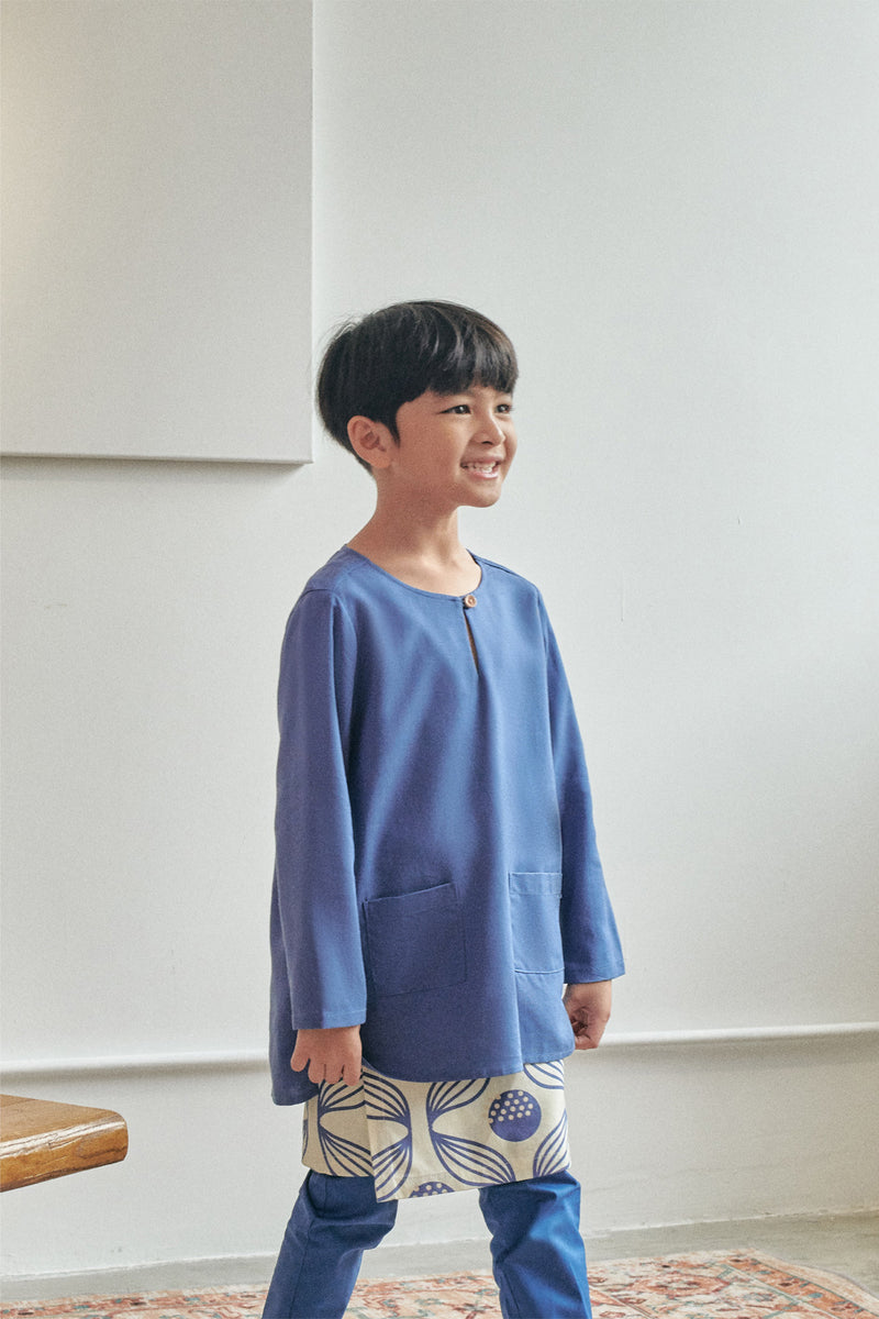 kurta budak cotton biru