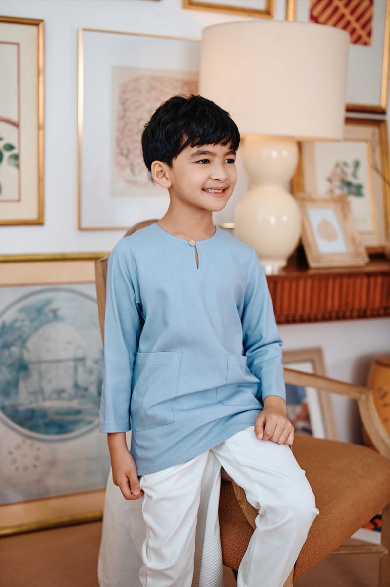 kurta poket cekak musang biru muda budak 