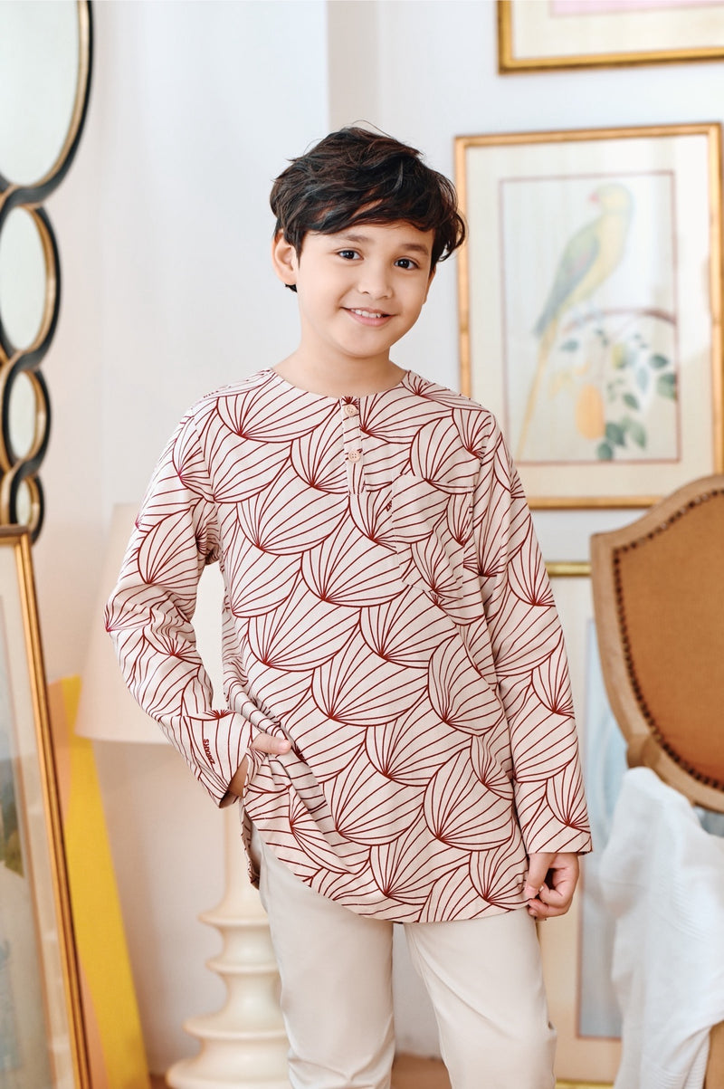 kurta bercorak maroon butang budak 