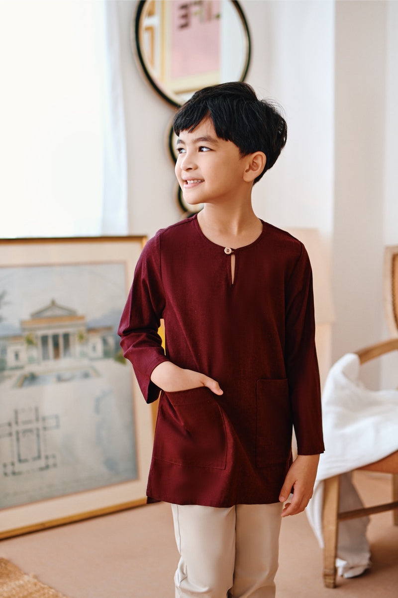 kurta cekak musang cotton maroon budak 
