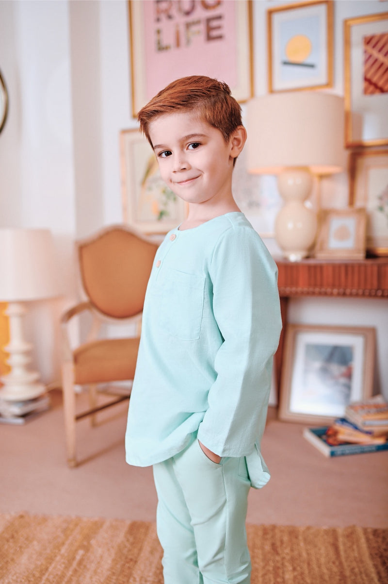 kurta moden butang biru cair kanak kanak 